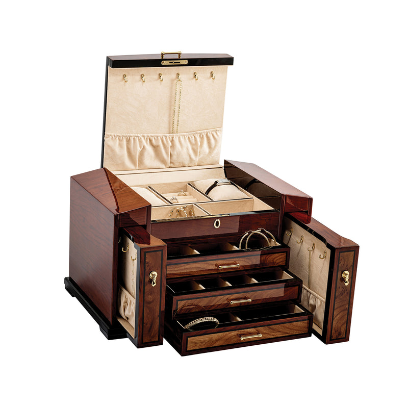 Locking wood jewelry box with dark burl veneer, open compartments and necklace hooks