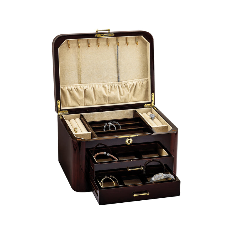 Locking jewelry box with velvet-lined compartments and ring holders, open lid, dark wood