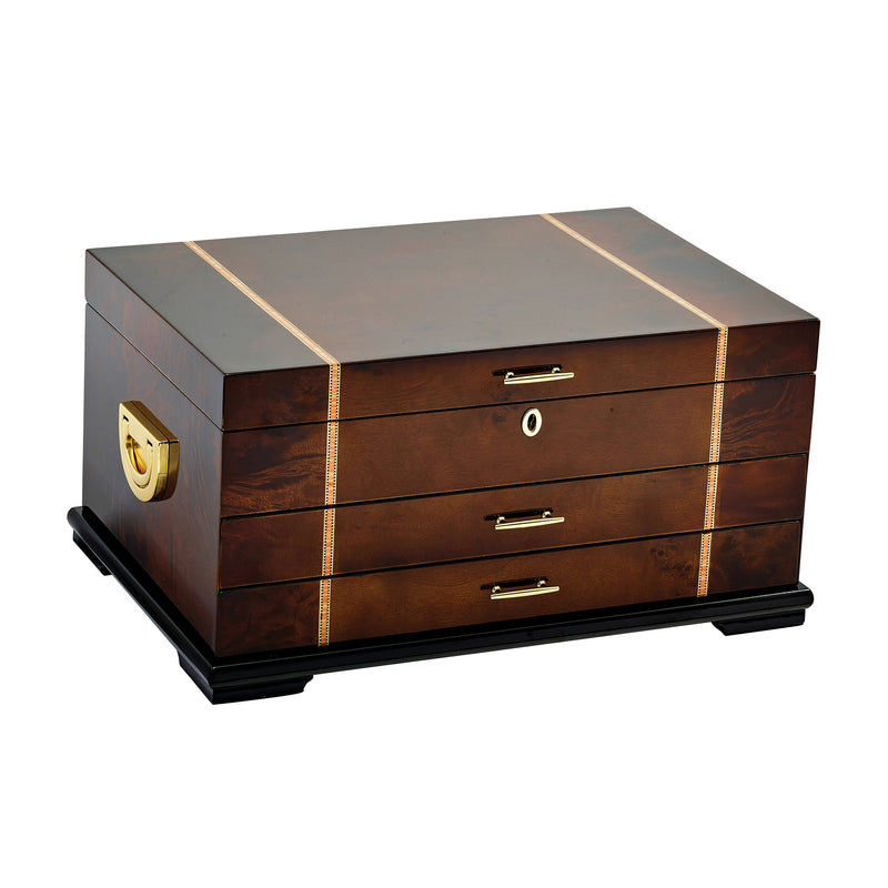 Locking wooden jewelry box with three drawers and gold handles, dark brown with light inlays