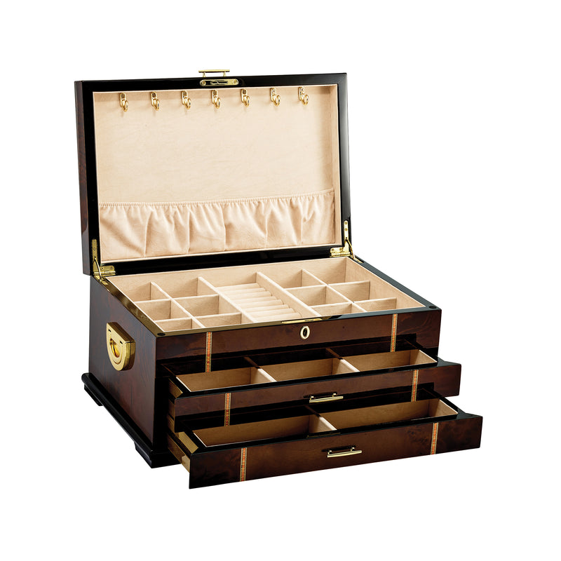Locking wooden jewelry box open, showing beige jewelry compartments and stacked pull drawers