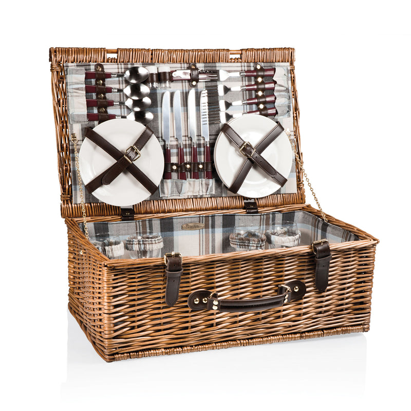 Wicker picnic basket set with stainless steel cutlery, napkins, and leather carrying straps