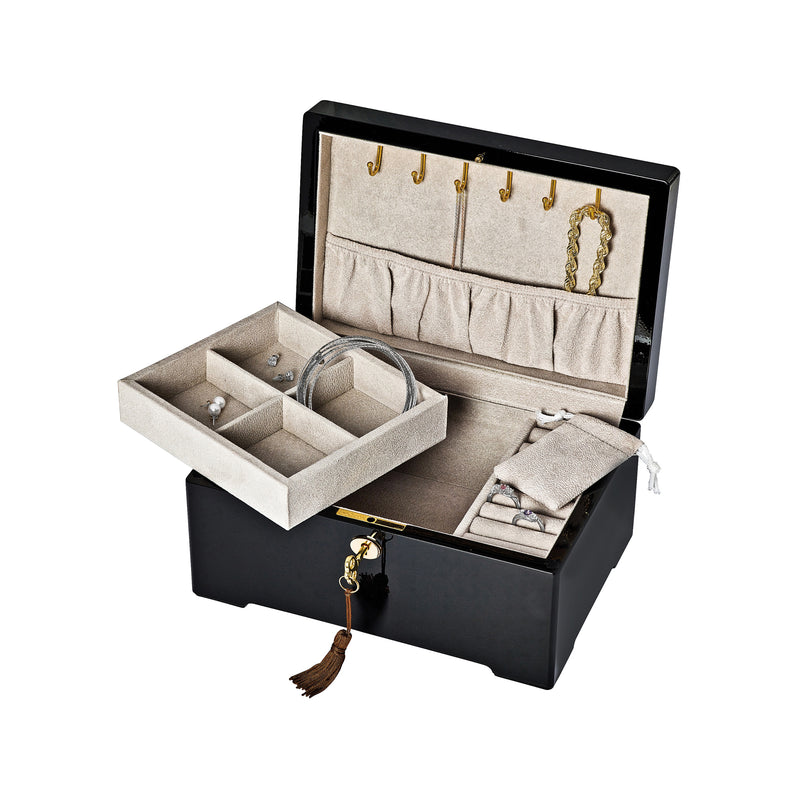 Locking dark burlwood veneer jewelry box with open compartments and ring, chain, and earring slots