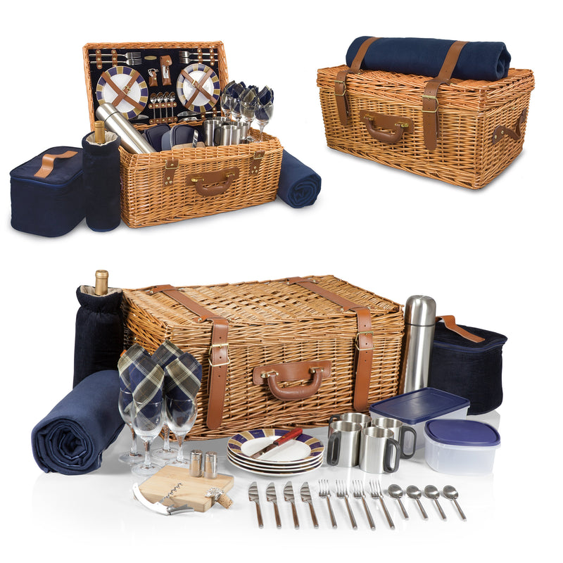 Windsor picnic basket set for 4 with two wicker baskets, navy liners, utensils and plates
