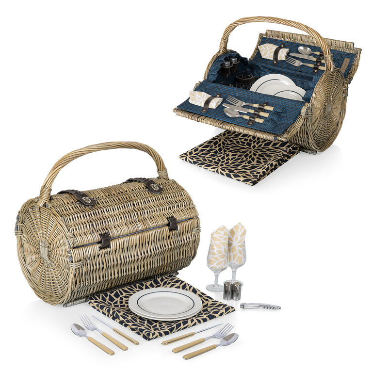 Navy blue picnic basket set with woven barrel basket, plates, cutlery, and napkins