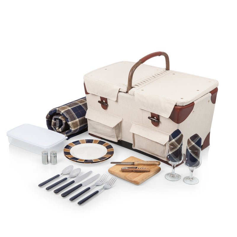 Picnic basket service set for two with canvas cooler, plates, cutlery, glasses, and picnic tools