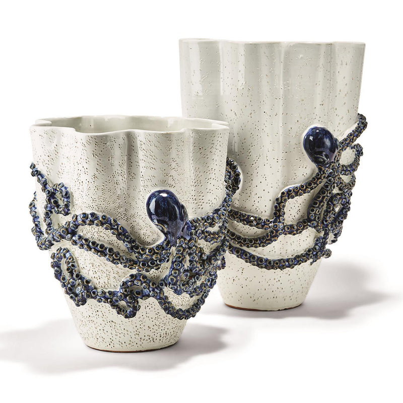 Set of 2 speckled white octopus vases with blue tentacle handles