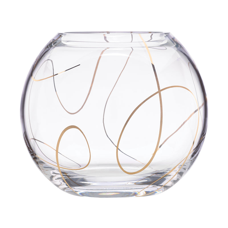 Clear glass rose bowl with gold line abstract pattern