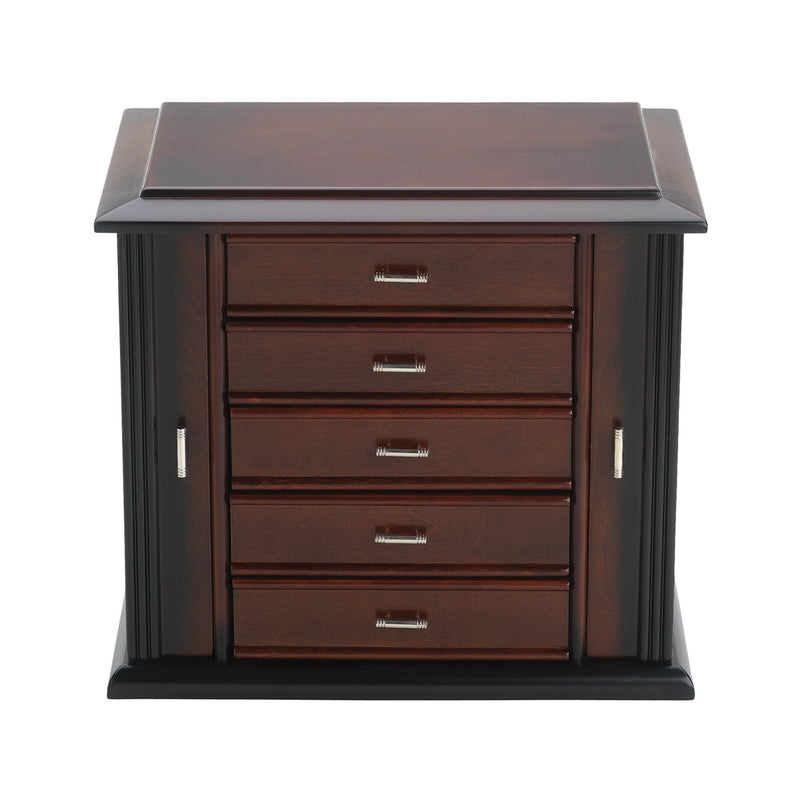 Dark mahogany jewelry box with four drawers and metal pull handles