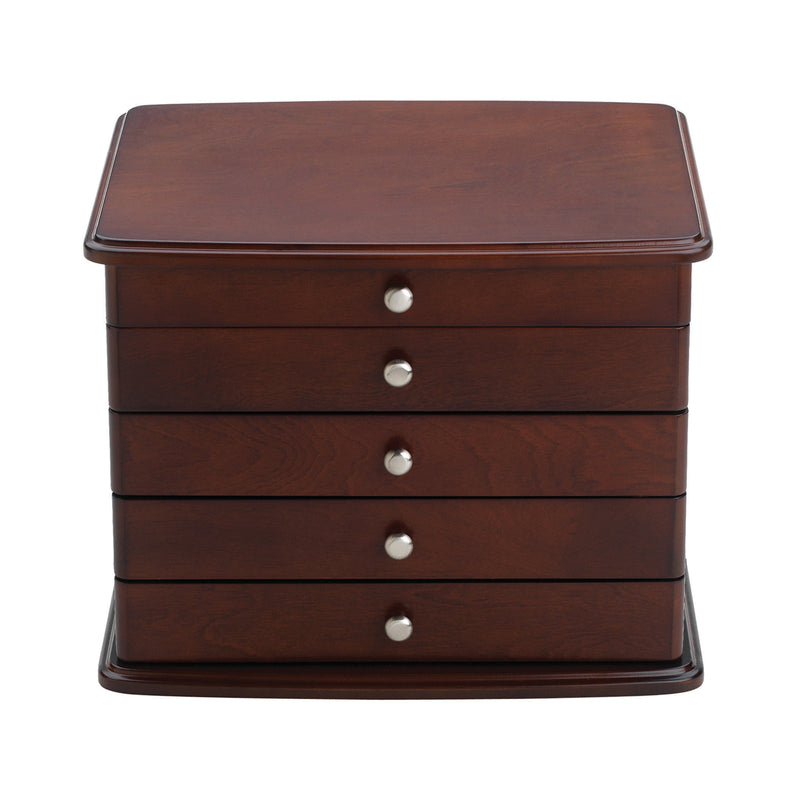 Reed & Barton mahogany jewelry chest with four drawers and round metal knobs