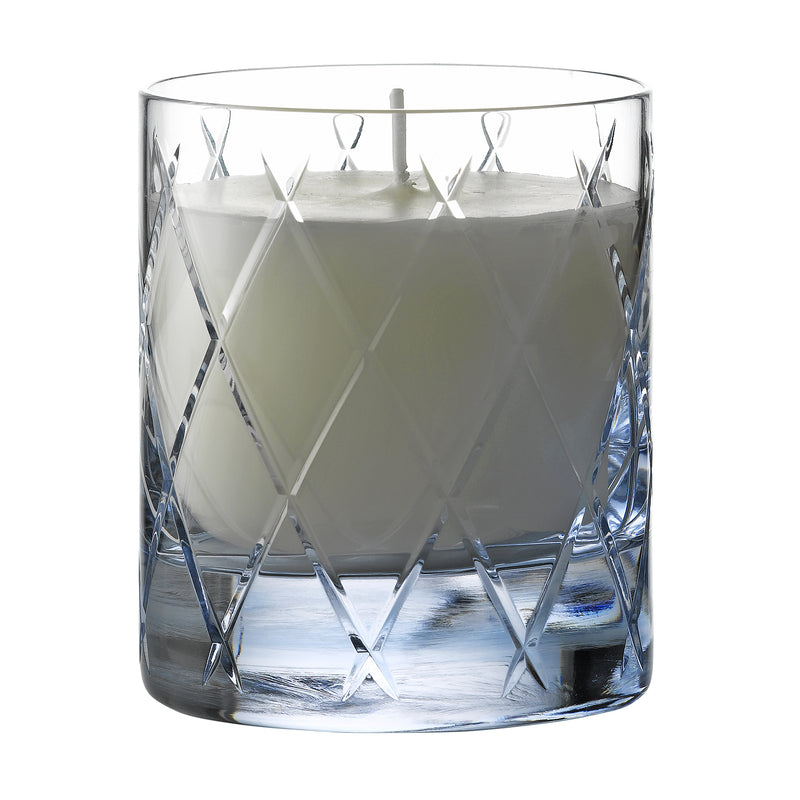 Facet-cut crystal scented candle in clear glass tumbler with white wax