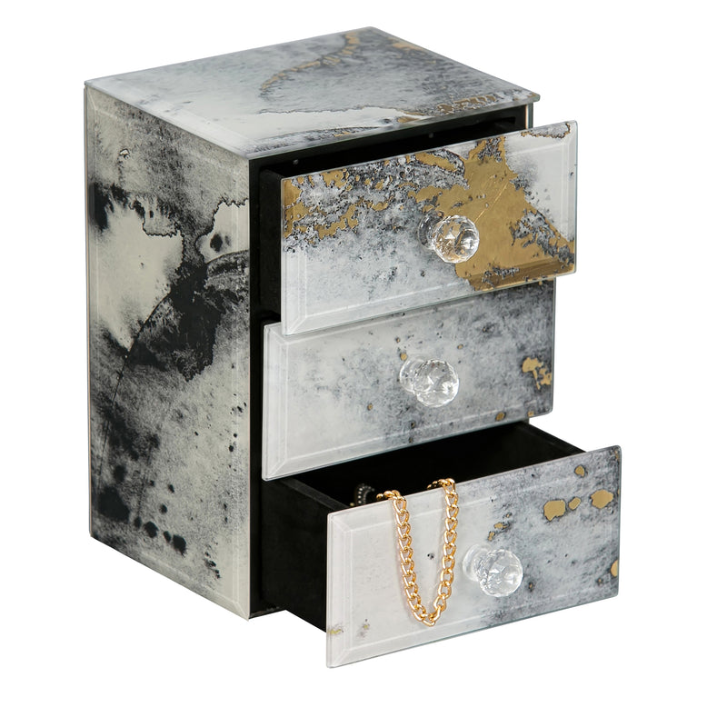 Mele & Co. Maura marbled glass jewelry box with three drawers, open front