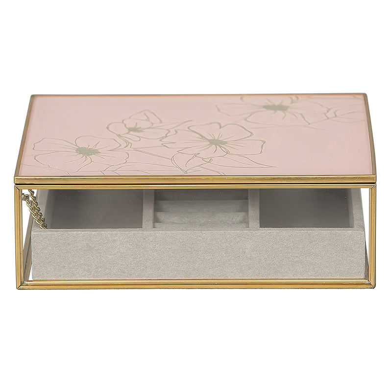 Mele & Co. June glass jewelry box with floral etched lid, gold frame, open compartments
