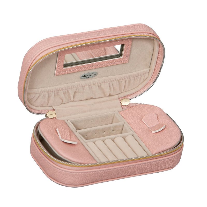 Mele & Co. Lucy pink faux leather travel jewelry case, zipped with compartments