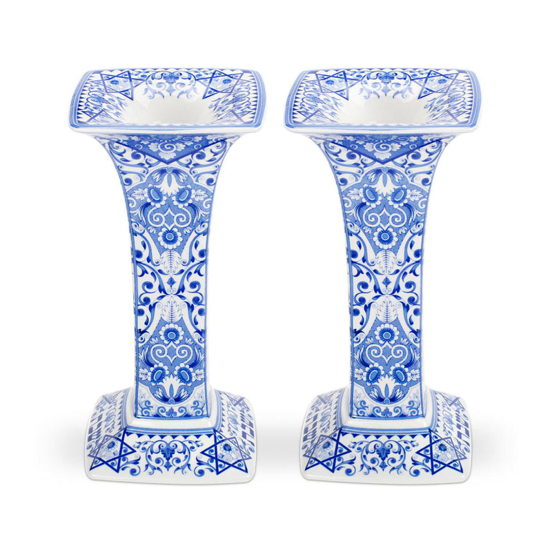 Set of two blue-and-white ceramic Sabbath candlestick holders