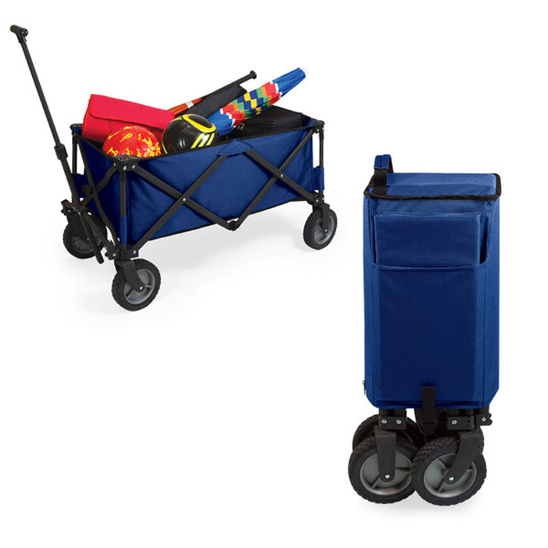 Navy portable utility wagon with black frame, two front wheels and foldable bin