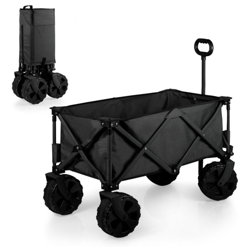 Black all-terrain portable utility wagon with mesh sides, large wheels, and pull handle.