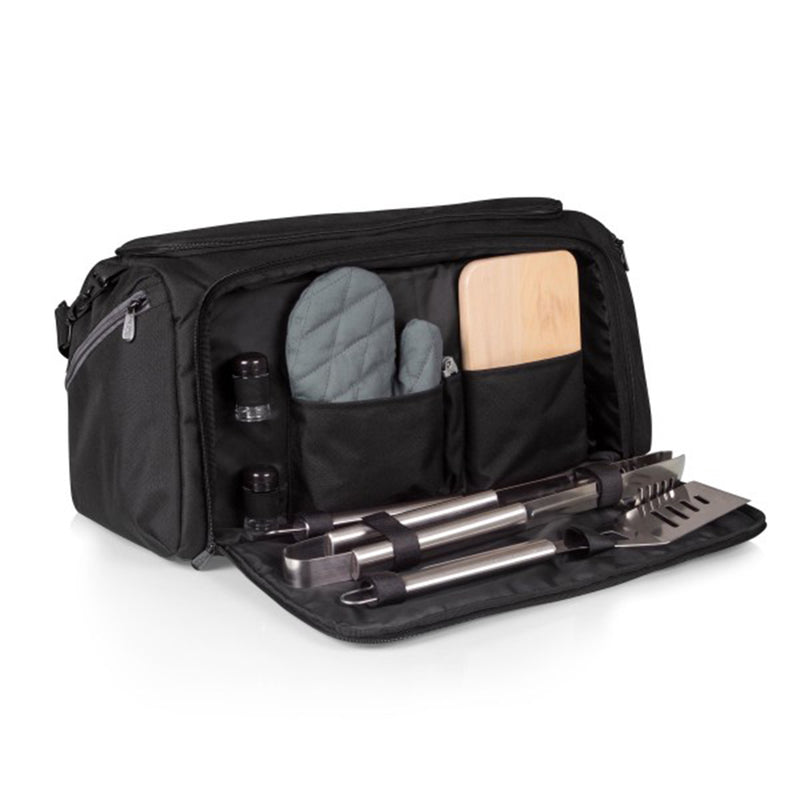 Black zippered BBQ tool set cooler bag with spatula, tongs, and utensils