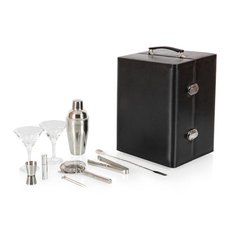 Black portable cocktail set case with metal bar tools and shaker accessories, 11-piece