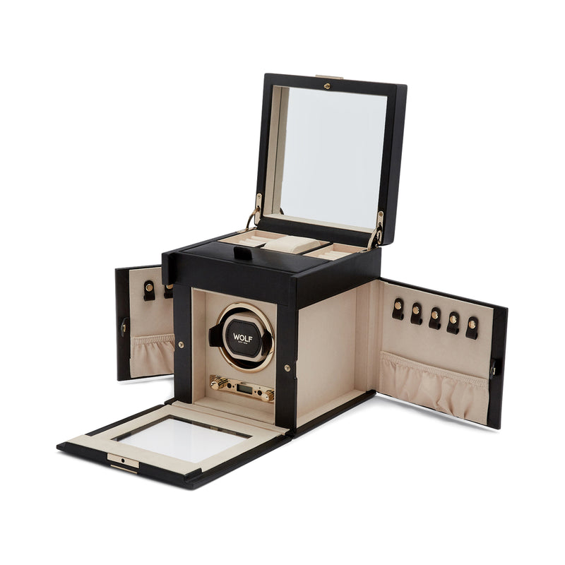 WOLF Palermo black single watch winder with open lid and rotating window compartment