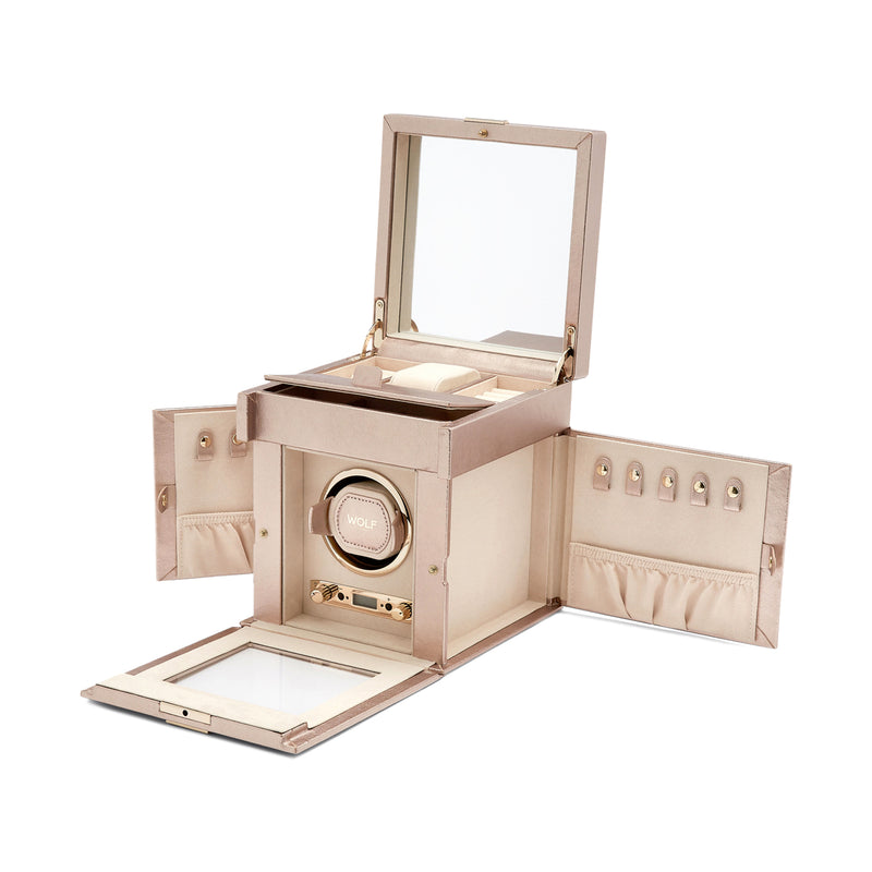 WOLF Palermo rose quartz single watch winder with open lid and rotating display drum