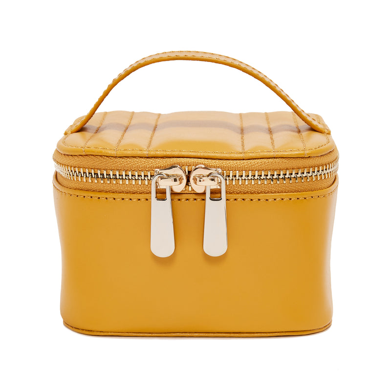 Yellow leather zip jewelry cube with top handle and silver zipper pulls