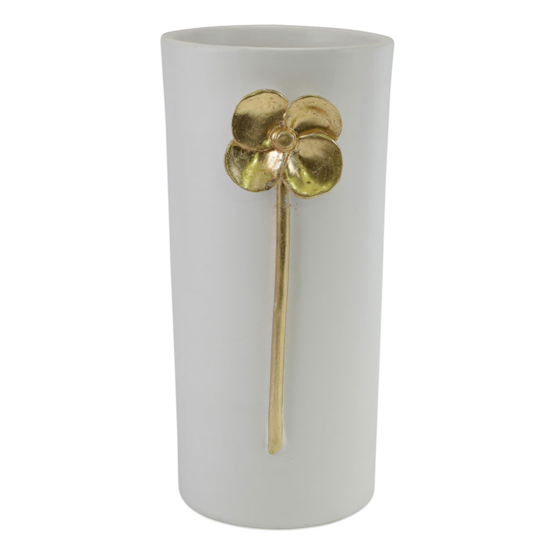 Vietri Fiori Poppy medium vase, white ceramic cylinder with gold flower accent
