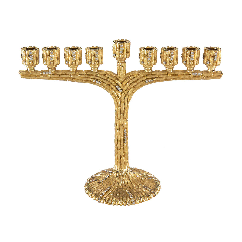 Gold bamboo-designed menorah with eight lit-candle holders and central stem base