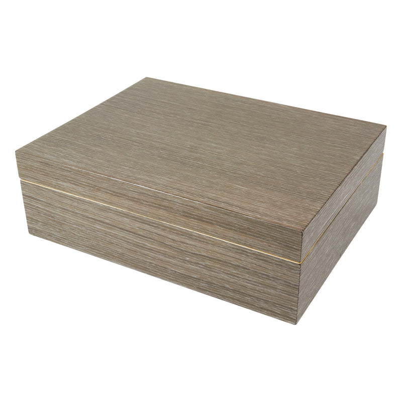 Light gray wooden jewelry box with hinged lid