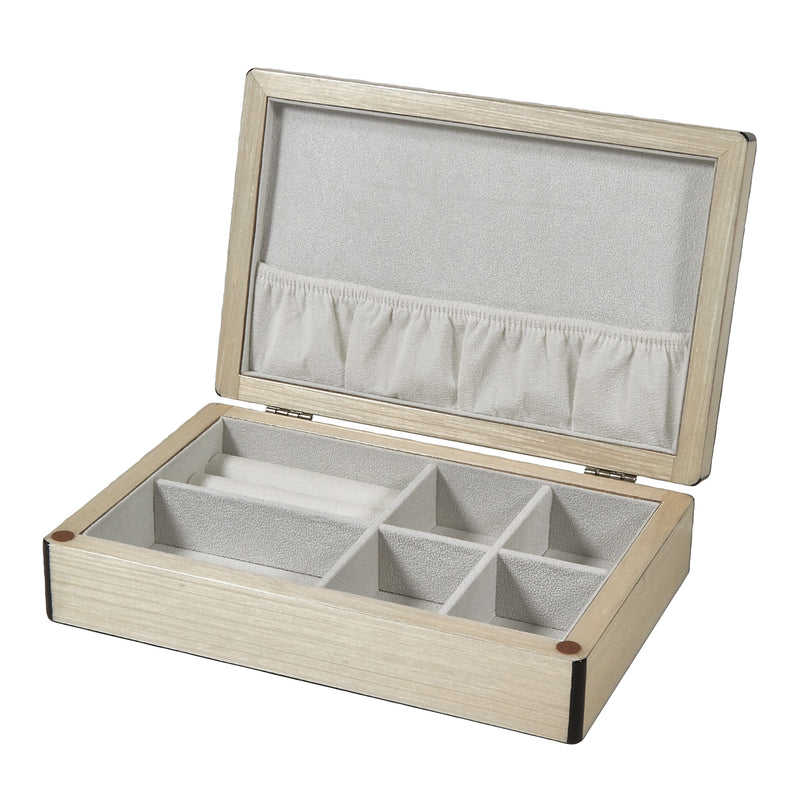 Natural wooden jewelry box with hinged lid and six gray lined compartments