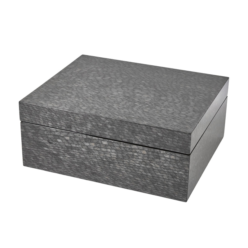 Gray wood jewelry box with fish-scale texture lid and hinged top