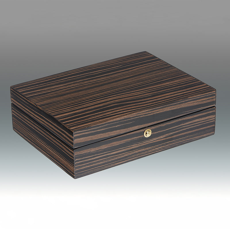 Tiger ebony wood jewelry box with striped grain finish and round metal latch