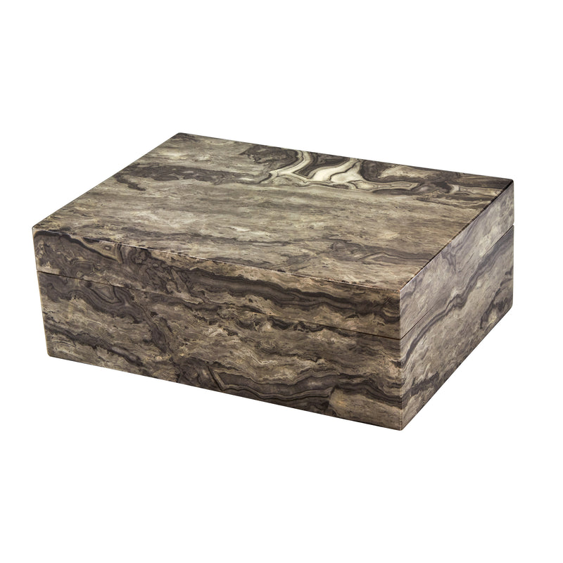 Marbled gray wooden jewelry box, rectangular with flat lid