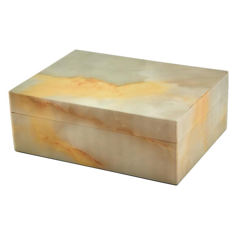 Marbled ivory wooden jewelry box with hinged lid, rectangular shape