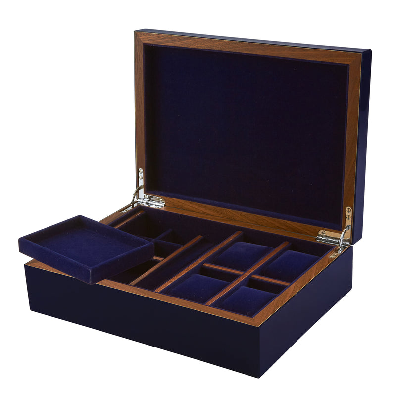Blue wooden jewelry box with open lid, velvet-lined compartments and ring slots