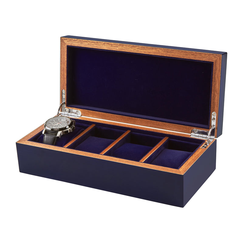 Blue wooden watch box with glass-lid, open compartments for watches, navy interior