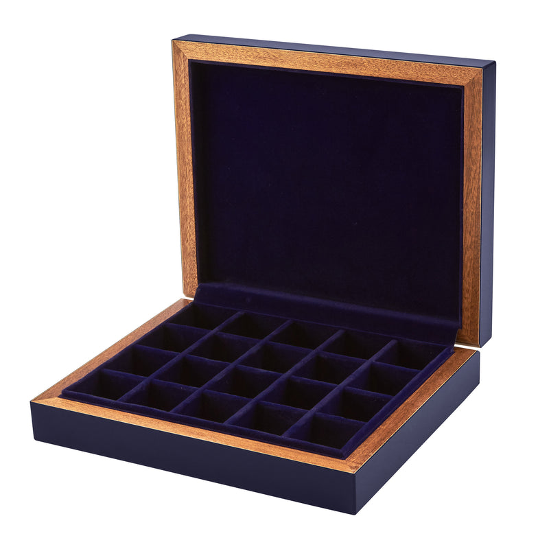 Blue wooden cuff link display box with open velvet-lined tray and 12 slots