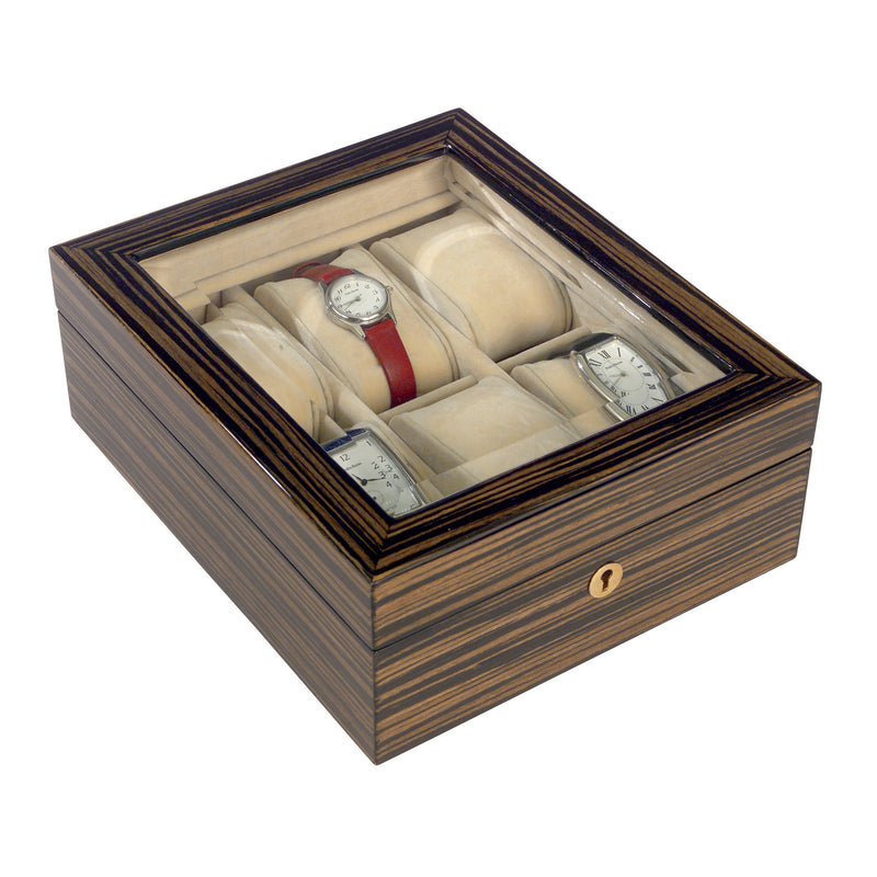 Dark wood watch display box with glass top, holds 4 watches, tan cushions
