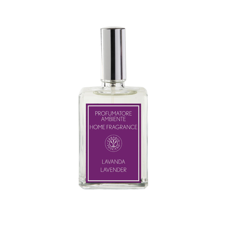 Erbario Toscano lavender home and linen spray bottle, clear glass with silver cap