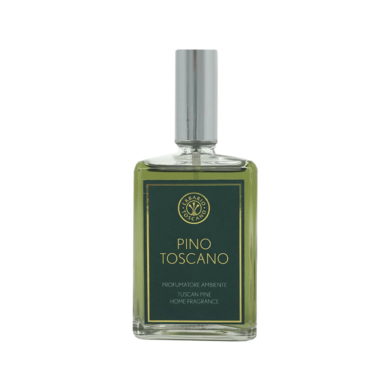 Erbario Toscano home & linen spray bottle with clear glass and pine-green liquid