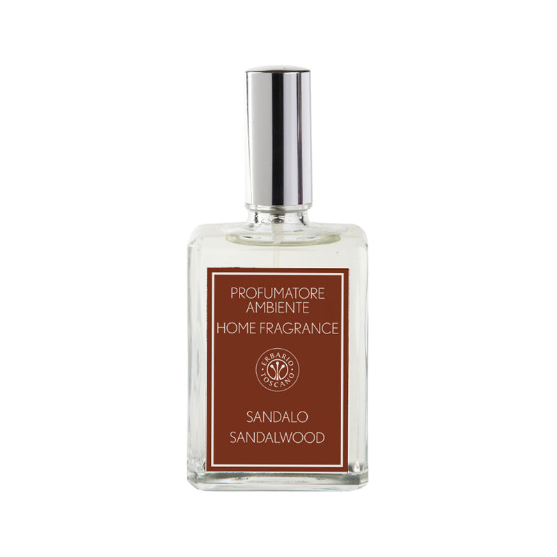 Erbario Toscano sandalwood home fragrance spray bottle with clear glass and silver cap
