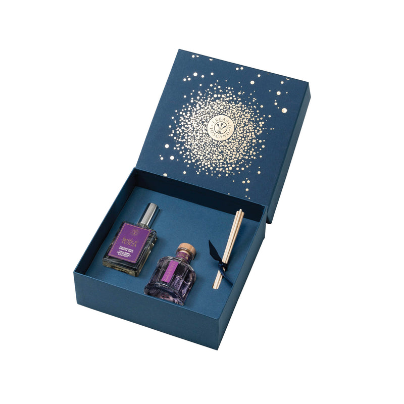 Navy diffuser and spray set in gift box with two glass bottles and reed sticks