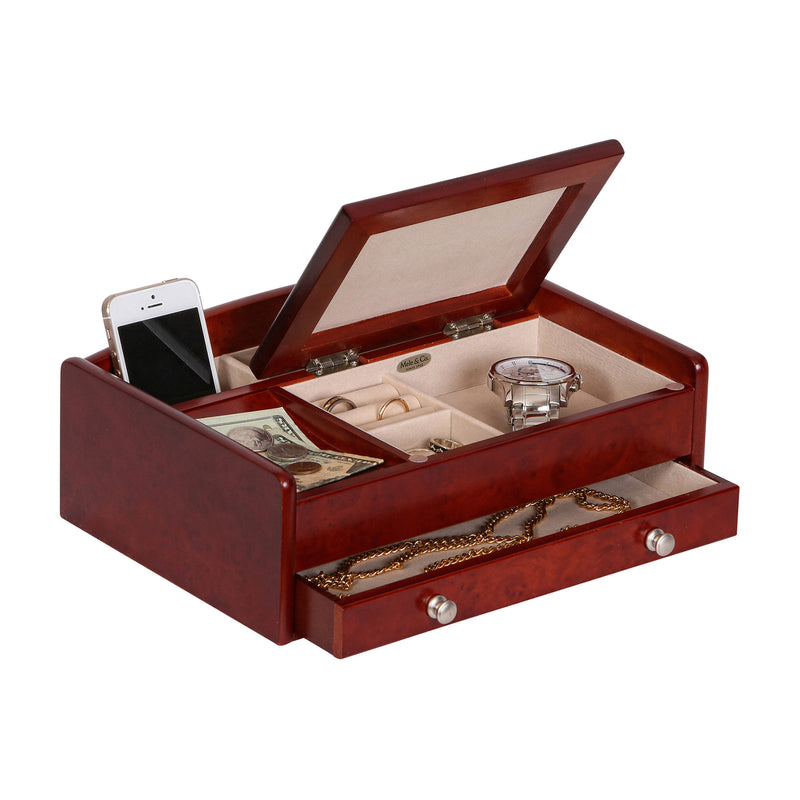 Men's burlwood-finish valet jewelry box with open hinged lid, inner compartments and drawer
