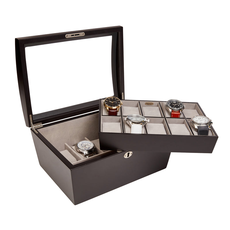 Mele & Co. Royce men's Java-finish wooden watch box with hinged lid, holds 6 watches
