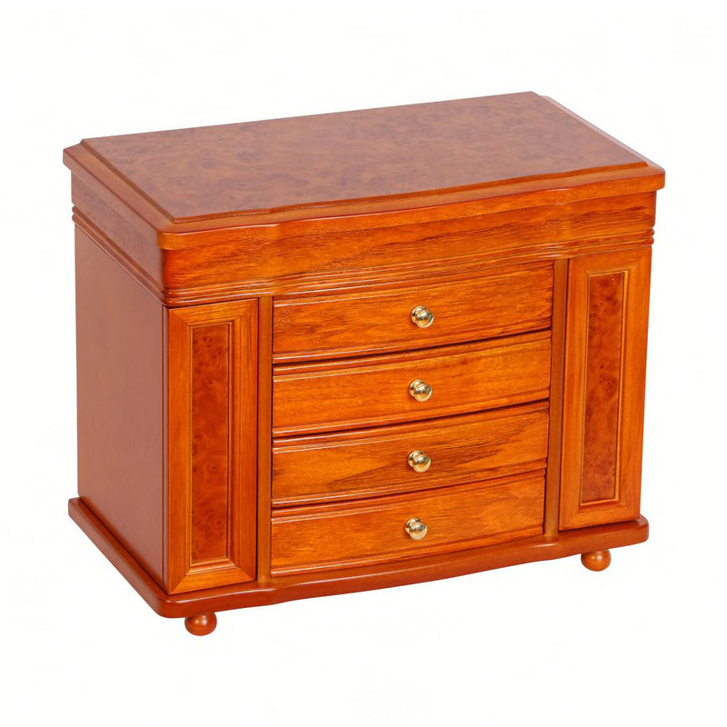 Oak-finish wooden jewelry box with hinged lid, three drawers, and brass knob pulls