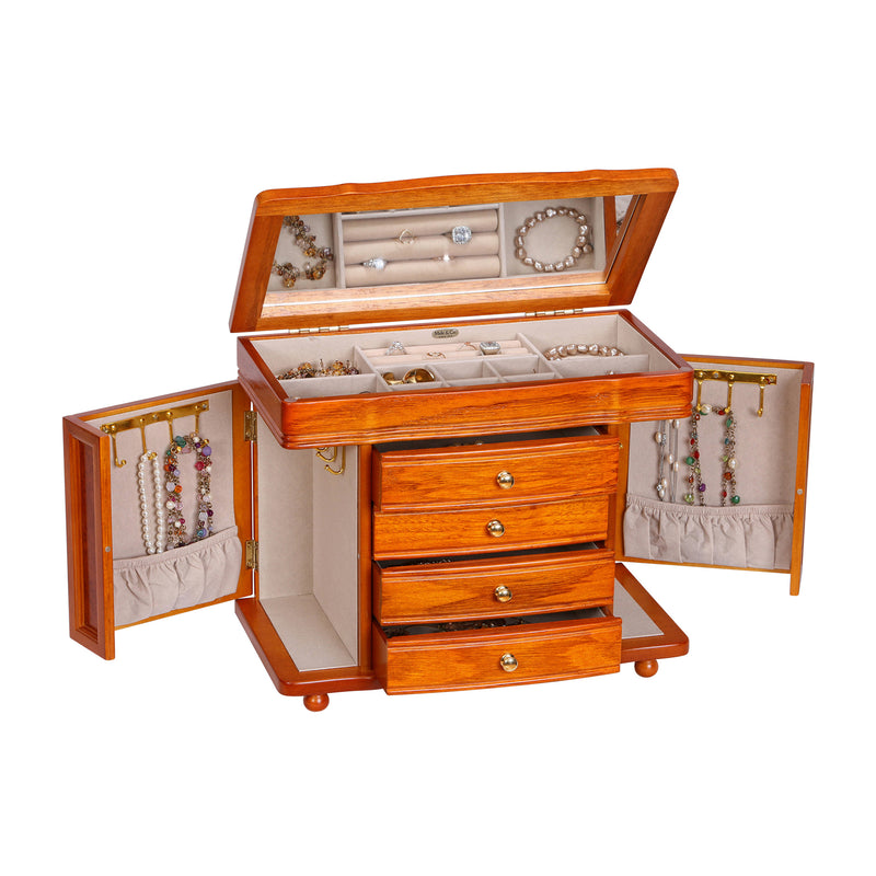Oak-finish wooden jewelry box with open tray, side earring panels, and three drawer fronts