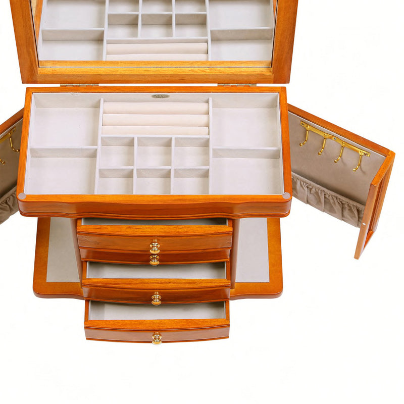 Oak-finish wooden jewelry box interior with grid organizer, side panels, and stacked drawers