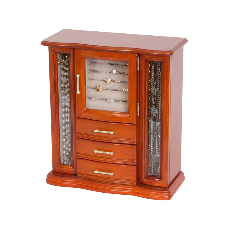 Walnut-finish wooden jewelry box, front doors open to reveal ring display and three drawers