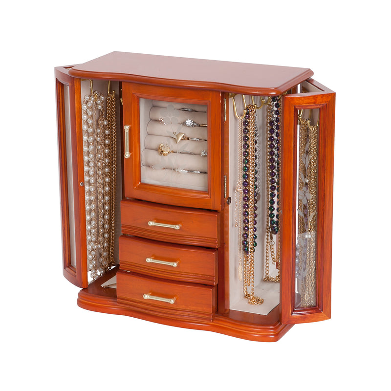 Walnut-finish wooden jewelry box with glass panels open, featuring bracelet columns and drawers