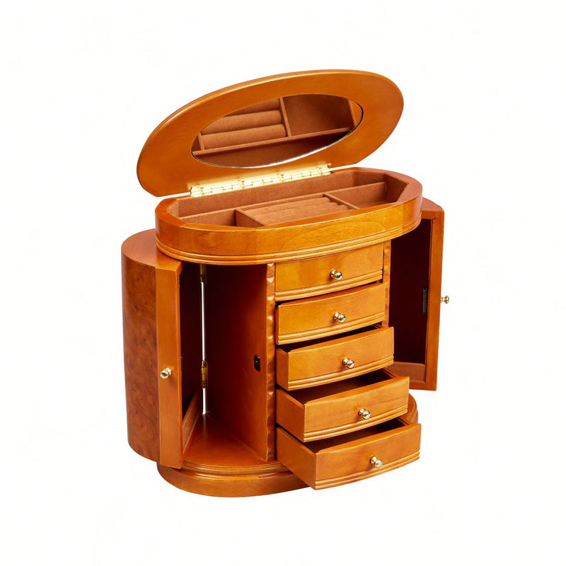 Burlwood-finish wooden jewelry box with oval lid and multiple drawers, open view