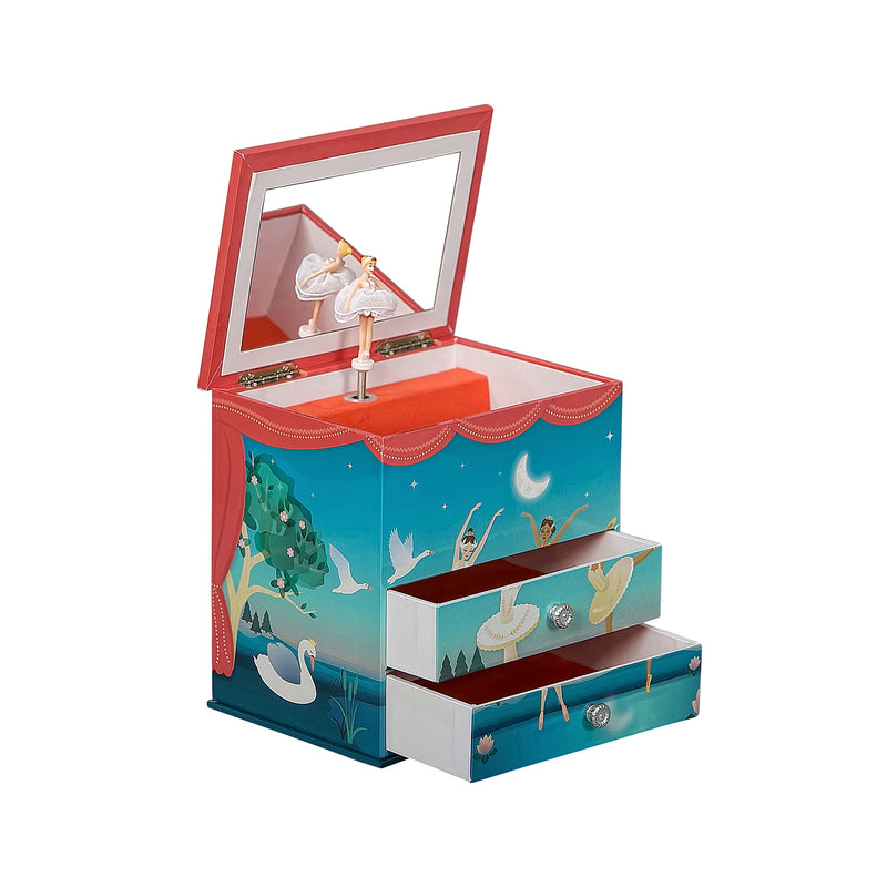 Musical ballerina jewelry box with open lid, spinning dancer on pole, teal drawers